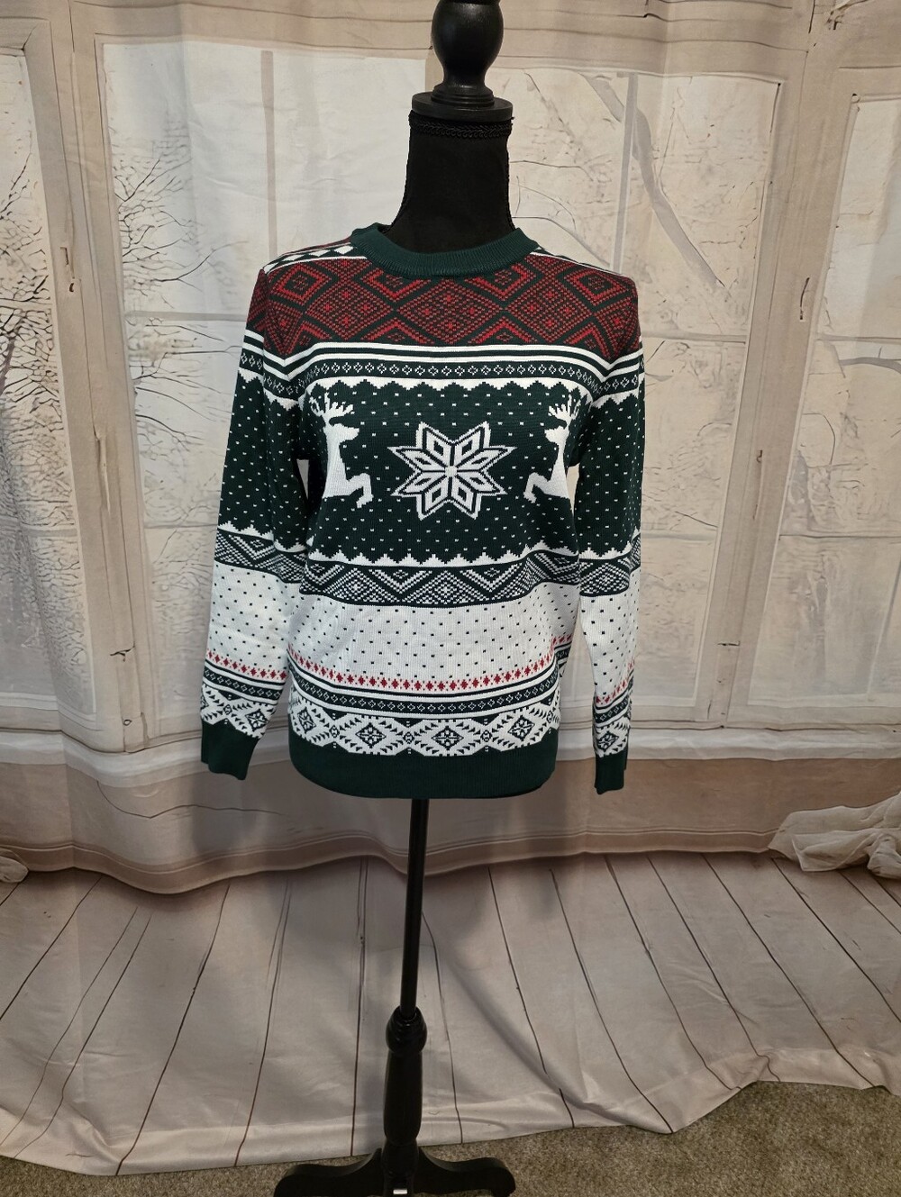 Green and White Nordic Reindeer Sweater